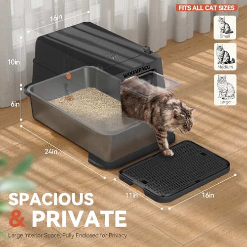 Wooaidagg Enclosed Stainless Steel Cat Litter Box with Odor Control, Modular Design with Drawer and Flip Door, Easy to Clean and Wash,Non-Stick Interior,Extra Large Size Fits All Cats(Black) - color: Black