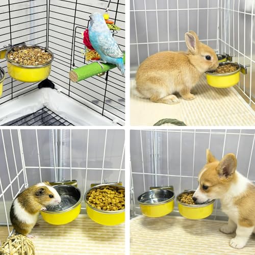 2 Pcs Parrot Feeding Dish Cups,Stainless Steel Bird Food Water Bowls | Parrot Cage Feeder with Clamp Holder Small Bird Feeding Cup for Parakeet Cockatiels Conure Budgies Chinchilla Small Animal - size: 2pcs Yellow