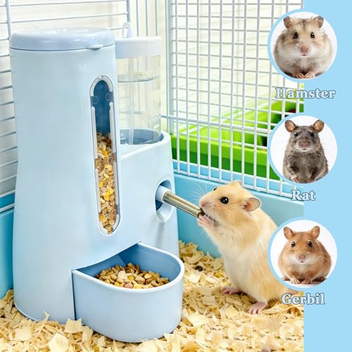 Hamster Water Bottle with Food Bowl,Hamster Cage Accessories 300ml+80ml | 2-in-1 Automatic Feeder and Water Bottle No Drip