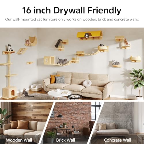 26-in-1 Cat Wall Shelves with Cat Tree, 40''L Tunnel, Moon, Beige | Wall Mounted Cats Furniture Set with Plush Fabric, Cat Climbing Systems for 16 Inch Drywall, with Scratching Posts, Bridge - color: Beige, size: 26-in-1