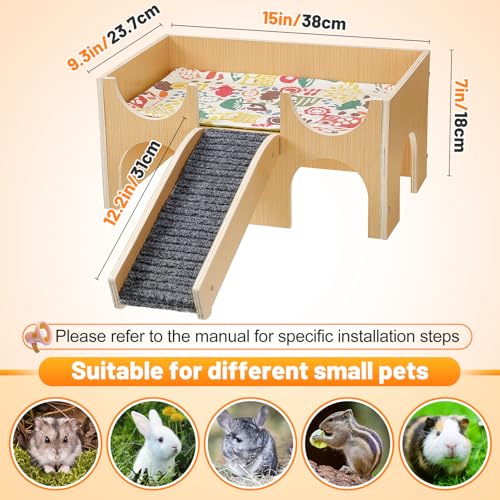 MEWTOGO Upgraded Sturdy Wooden Guinea Pig Castle with Stairs & Mat | Easy to Assemble, Sturdy, Playing Hiding House, for Hamsters Bunny Chinchillas Small Animals - size: Large