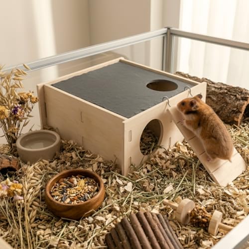 Wooden Hamster Hideout with Slate Rock Cooling Roof, 7.9" Large Hamster House and Hideouts with Climbing Ladder, Tunnel Enrichment Toys, Hamster Cage Accessories for Syrian, Dwarf, Gerbil, Mouse
