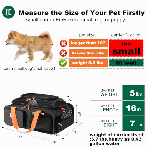 pidipiti 17x13x8 Soft-Sided pet Carrier,for 1 Extra-Small Dog/Small cat | top Expandable,TSA Approved,for Frontier Allegiant Breeze Airlines ,with 2 pockets,zipper lock,leakproof,good Visibility - size: 17.0"L x 13.0"W x 8.0"H
