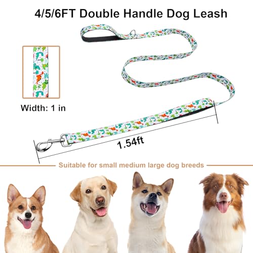 5FT 1IN Double Handle Dog Leash for Medium Large Dogs, Green | Dinosaur Pattern, Heavy Duty Nylon Webbing, Two Padded Handles, Durable Dog Leash with Traffic Handle for Walking, Training - color: Dinosaur, size: 1 in x 5 ft