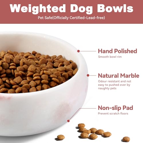 Karibiber Marble Dog Bowl, 5lbs Weighted Dog Food Bowl, Non-Slip Large Heavy Water Bowls, Cute Pink Stone Food and Water Dish for Medium Dogs, Natural Marble, Easy to Clean, Holds 4 Cups - color: Pink, size: S