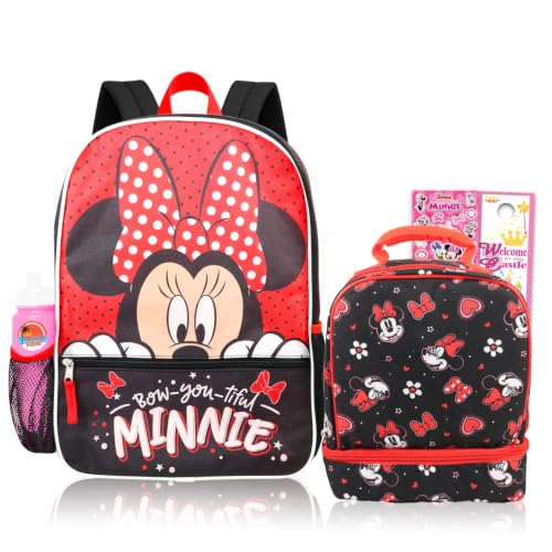 Disney Minnie Mouse Backpack and Lunch Box Set for Girls Bundle, More | Insulated Lunch Bag & 15in Large Durable Minnie Bookbag Plus Water Bottle, Stickers, More - Minnie Mouse School Supplies