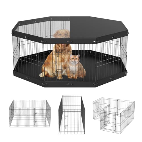 VEVOR Foldable Metal Dog Exercise Pen, Pet Playpen Dog Fence for Camping with Top Cover and Bottom Pad, 24" H 8 Panels, Puppy Crate Kennel Indoor Outdoor for Medium Dogs, Both for Home&Yard - size: 8 panels 24*24in, style: Playpen + Top Cover & Bottom Pad
