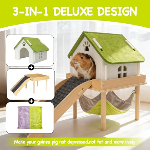 BESNEW 3 in 1 Enlarged Guinea Pig Hammock,Wooden Guinea Pig Hideout with House & Platform & Stairs Small Animal Toys for Hiding Sleeping Activities - color: Matcha White