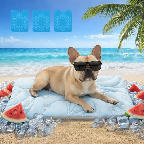 Dog Cooling Mat 5.0 Version Built-in Ice Pack, Long-Lasting Cool | 6–8h Cooling, Ultra Thick Soft Vine Pattern Pet Cooling Mat, Washable Foldable Large Cooling Pad for Indoor, 35" x 27" - color: Baby Blue, size: Large