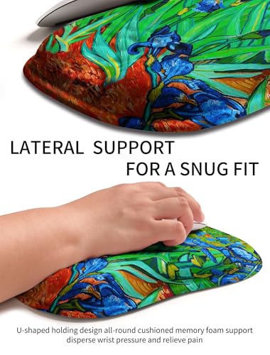 Hokafenle Ergonomic Wrist-Hugging Mouse Pad Wrist Support, U-Shaped Holding Wrist Rest Mousepad for Carpal Tunnel Pain Relief with Cushioned Memory Foam Slope Massage Bulge (10.2x8.3 in,Iris Flower) - color: Van Gogh Iris Flower