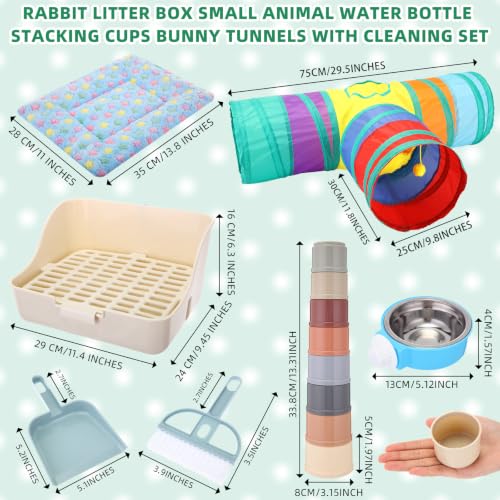 34 Pcs Rabbit Starter Kit Rabbit Litter Box Small Animal Water Bottle Cups Bunny Tunnels Animal Grooming Kit Bowl Blanket with Cleaning Set for Guinea Pig Bunny Accessories(Style 1,Blue) - color: Blue, style: Style 1