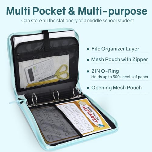 SUNEE Zippered Binder Bag with Handle, 2-Inch 3-Ring O-Ring, 500-Sheet Capacity, Includes Zip Pocket, 5-Tab Expanding File Folder, Multi-Pocket Organizer Binder for Middle School, Sky Blue - color: Sky Blue