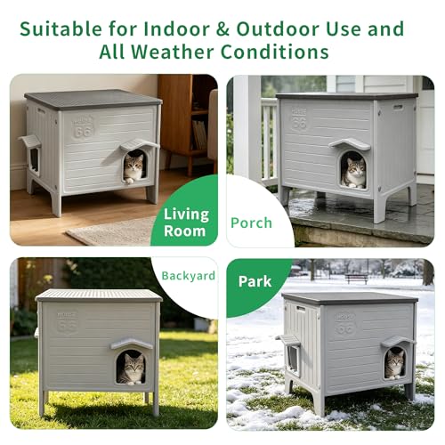 Rockever Cat House with Escape Door, Easy Clean Elevated Waterproof Shelter | Outdoor indoor breathable comfortable cat home, all-season refuge shelter for feral cats, with Heated Pad, Grey M - style: Medium