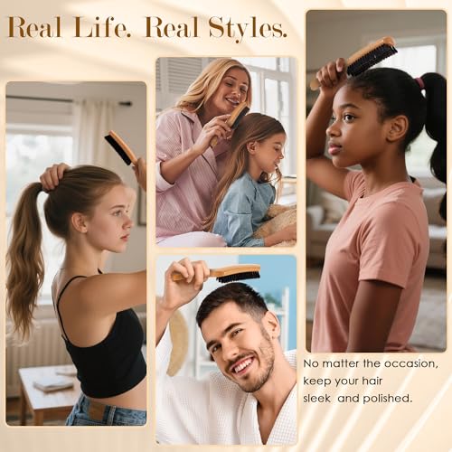 STYLEMATE Boar Bristle Slick Back Hair Brush for Women Men, Soft Bristles Hair Brush for Thin & Fine Hair, Natural Medium Hardness Smoothing Hairbrush for Polishing, Deepening & Styling - size: 1 Count (Beech)