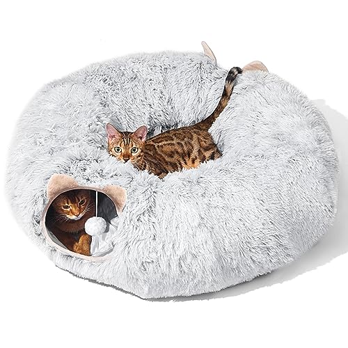 Cat Tunnel with Cat Bed for Indoor Cats, Under Christmas Tree Soft Plush Peekaboo Cat Cave Donut Tunnel, Multifunctional Playground Toys Hideplace for Kittens, Rabbit, Ferret (Grey) - color: GREY