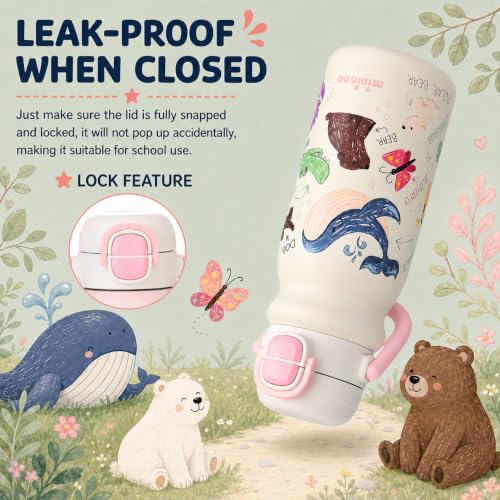18oz Insulated Stainless Steel Kids Water Bottle for School, Animal | 2-in-1 Straw & Spout Lid, Leak-Proof, BPA-Free, for Girls & Boys, White - color: 18oz White-Animal