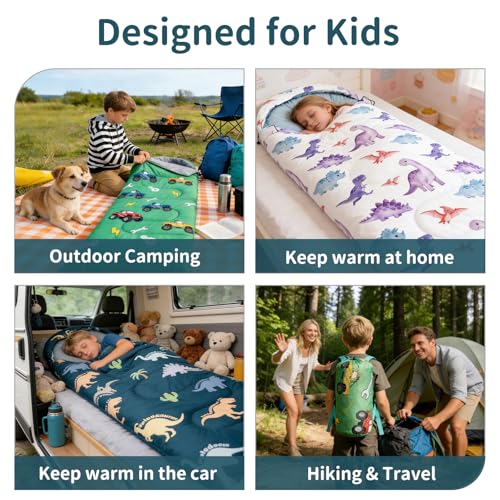 Kids Sleeping Bags - Camping Sleeping Bags with Carry Bag - Compact Sleeping Bag for Hiking, Backpacking 3 Season Warm & Cool Weather, Lightweight Waterproof Outdoor Travel for Boys Girls - color: Green Dinosaur
