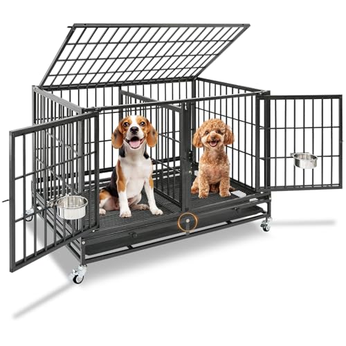 Homey Pet 43" Double Dog Crate, Heavy Duty Stackable Kennel with Divider | Drop Cage for Dogs with Dual Doors, Auto Locks, Bowls, Removable Tray, for Small & Medium Dogs, Breeders and Multi-dog Homes - size: 43.0"L x 28.0"W x 29.0"H
