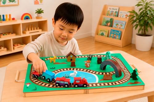 Imagine & Play Nature Explorer – 17 Piece Wooden Train Set with Foldable Carrying Board, Forest Animals & Bridge – Toddler Toys, Train Toys, Toys for Kids Boys & Girls 3+, Gifts for 3 Year Old Boys