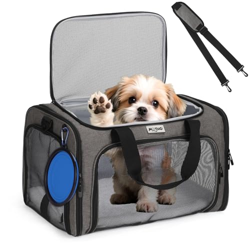 Pet Carrier for Cats & Small Dogs, Travel Carrier with Anti-Collapse Support, Chew Resistant Buckles, Luggage Sleeve, Multi-Pocket Storage, Reversible Mat & Bowl (Gray, Medium (17.5"x11"x11.5")) - color: Gray