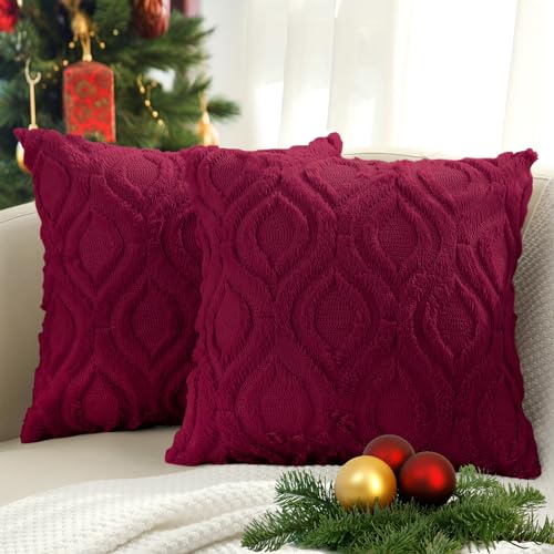 decorUhome Faux Fur Plush Soft Burgundy Throw Pillow Covers 16x16 Set of 2 | Plush Solid Fall Couch Pillow Covers, Accent Modern Farmhouse Neutral Decorative Square Pillow Cases for Sofa Bed Living Room - color: Burgundy, size: 16" x 16" (Pack of 2)