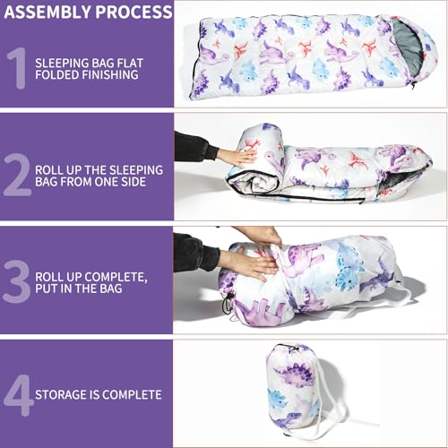 Kids Sleeping Bags - Camping Sleeping Bags with Carry Bag - Compact Sleeping Bag for Hiking, Backpacking 3 Season Warm & Cool Weather, Lightweight Waterproof Outdoor Travel for Boys Girls - color: Purple Dinosaur