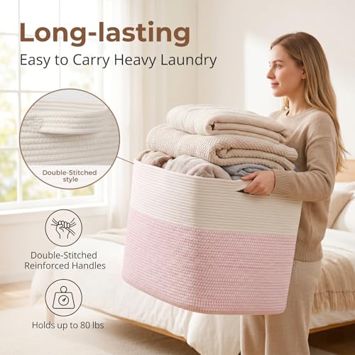 OIASKET 108L Cotton Rope Storage Basket for Living Room and Bedroom 25"x16"x16" Woven Laundry Basket, Heavy Duty Bin for Blankets, Pillows & Toys, Pet-Safe & Scratch-Free, Pink and White - color: Pink & White