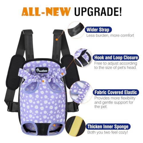 Pawaboo Pet Front Carrier Backpack for Small Medium Dogs | Legs Out Easy-fit,Adjustable Straps,Hands-Free,Soft Padded Support for Travel Hiking Cycling Camping,Black Purple Daisy,XL - color: Black & Purple, style: Extra Large (Pack of 1)