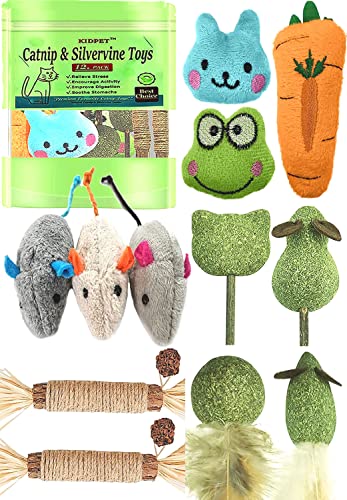 12 Pack Catnip Toys for Cats, Silvervine Sticks, Catnip Balls, Cat Nip Mice, Kicker Toys, Silver Vine Organic Chew Toys, Kitten Teething Toy,Interactive Enrichment (Green)