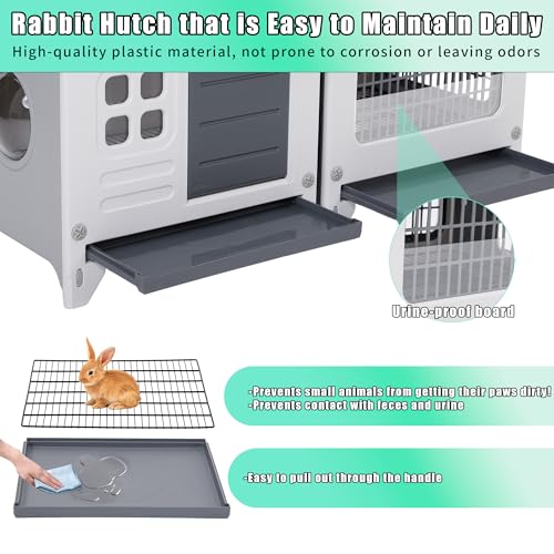 Rabbit Hutch Indoor & Outdoor with Extended Play Area, Plastic Rabbit Hutch with Sloped Roof Drainage, Panoramic Windows, Urine Barrier & Pull-Out Tray, Rabbit Cage with Run Easy to Clean and Assemble - size: 45"L*20"W*27"H