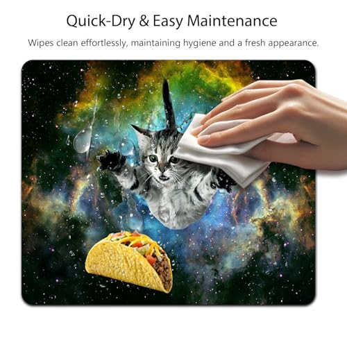 Cute Space Cat Funny Meme Mouse Pad, Galaxy Kitten Chasing Taco Desk Mat | Cosmic Surreal Joking Pet Graphic, Vibrant Nebula, 9.5 x 7.9 Inches, Anti-Slip Base, Cute Smooth Mousepad - color: Space Cat
