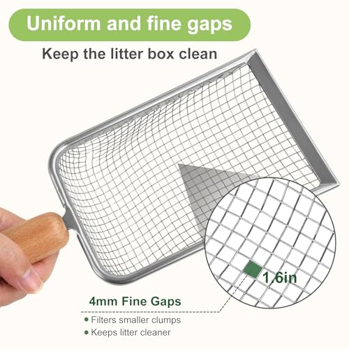 XBX Cat Litter Scoop with Holder – Metal Mesh Litter Scooper, Wooden Handle Fine Litter Scoop with Small Holes for Litter Box, Efficient Sifting and Easy Cleaning