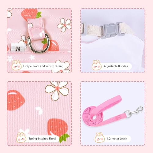 Bunny Harness and Leash Set Adjustable Escape Proof Rabbit Harness Double Buckle Bunny Accessories for Small Animal Pets Walking Training (Pink Strawberry, M -Chest(10.2-11.8in))