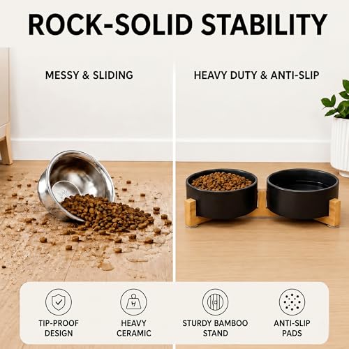 SPUNKYJUNKY Ceramic Dog and Cat Bowl Set with Wooden Stand, Modern Cute Weighted Food Water Set for Small Size Dogs (13.5OZ) & Medium Sized Dogs (28.7OZ) & Cats (1.7 Cups, 2 × Black) - color: Black × 2, size: 1.7 cups