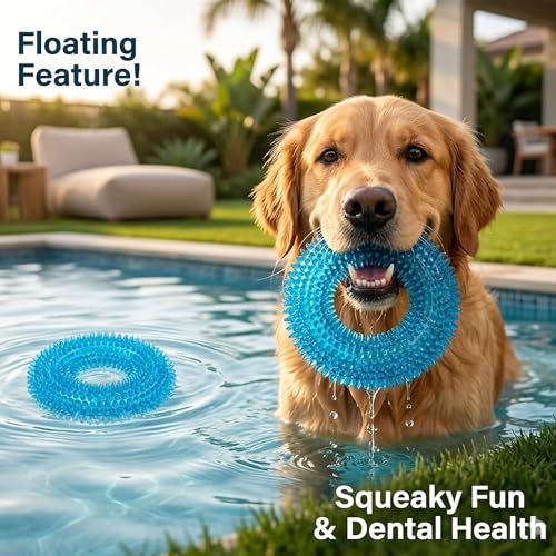 ADUCK Dog Squeaky Chew Toys for Aggressive Chewers, Small Medium Large Dogs Teeth Cleaning Soft Natural Rubber Float Toy for Indoor Outdoor Water Pool, Donut Ring Design 4.92 inch, Crystal Blue - color: Crystal Blue