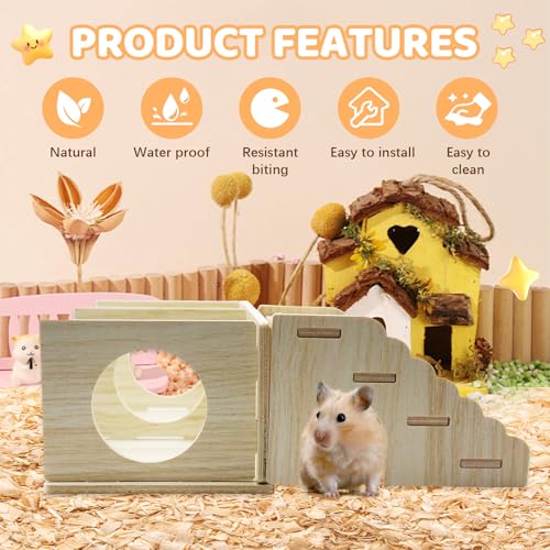2-Chamber Hamster Tunnel & Wooden Climbing Ladder Bridge，Wooden Hamster Hideout with Ladder for Dwarf Syrian Hamsters Gerbils Mice or Other Small Pets