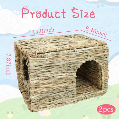 2 Pack 12"×8.5"×8" Foldable Grass Bunny House Straw Hideaway Hut | Double Opening Hay Bed Toy for Rabbits, Guinea Pigs, Hamsters, Chinchillas and Small Pets