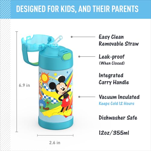 THERMOS FUNTAINER Water Bottle with Straw, 12oz, Mickey Mouse | Kids Stainless Steel Insulated Water Bottle, Keeps Drinks Cold Longer for School & Play, BPA-Free - color: Preschool Mickey, size: 12 Ounces