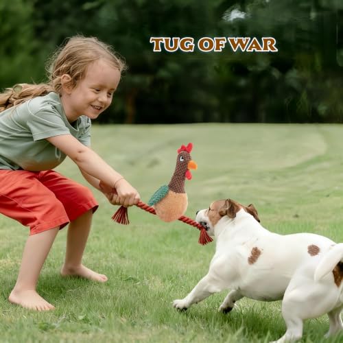 Plush Chicken Dog Toy with Squeaker and Rope Legs for Small Dogs | Soft fabric design with fun sound effects, perfect for tug games, fetching, indoor activities and daily bonding with pets - color: Brown Rooster