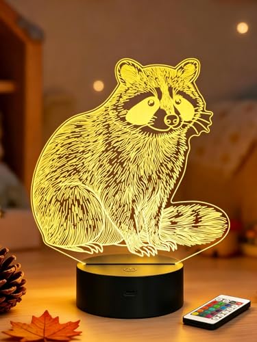 Raccoon 3D Night Light for Kids, LED 16 Colors Remote Control Changing Touch Dimmable Table Desk Lamp, Cute Animal Gifts for Raccoon Lovers Animal Fans - color: Color B