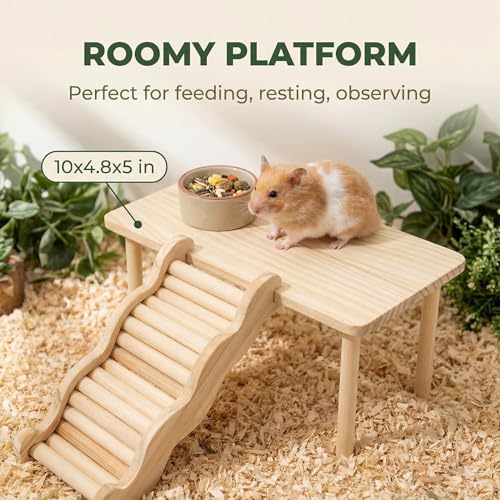 3Pcs Hamster Tunnel and Platform Set, Wooden Hamster Accessories with Wavy Stairs, Multi-Level Cage Hiding Place, Small Animal Climbing Toy, Habitat Decoration (Natural Wood)