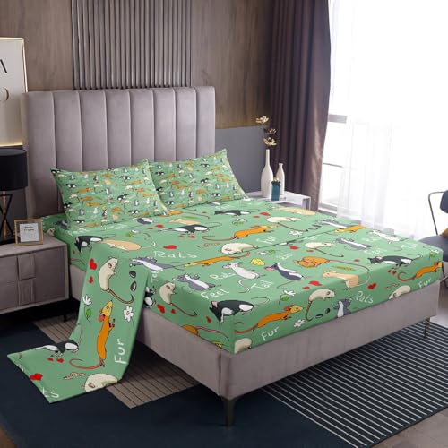 Erosebridal Kids Rat Sheet Set Mouse Rodents Bed Sheet Funny Animal Love Heart Bed Sheet Set Full Size for Boys Girls Children Bedroom Cartoon Style Fitted Sheet+Pet Flat Sheet+2 Pillow Cases, Green - color: Multi 54, size: Full