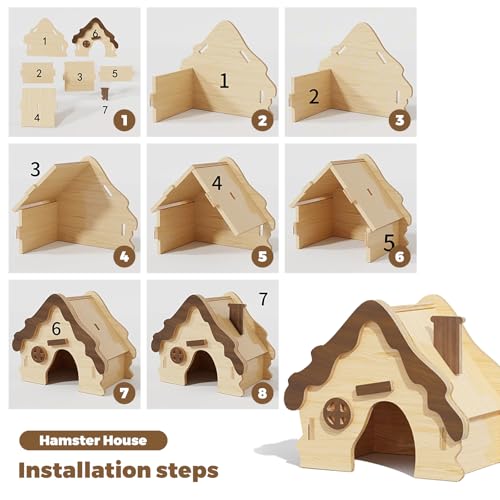 Wooden Hamster Platform and Dwarf Hamster House,Cute Syrian Hamster Tiny House Hideout,Large Balcony Lookout Holes,for Dwarf Gerbils and Mouse Mice Rat Other Small Animals(E) - color: BrownF