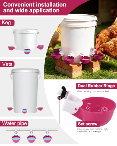 Chicken Waterer Cups (8 Pack) with 3/8" Drill Bit - Purplish Red | Automatic Poultry Drinker Feeder Kit for Chickens, Ducks, Turkeys, Quail, Bunnies | DIY Gravity Fed Bucket Water Dispenser - color: Purplish Red, size: 8 Pack + Drill bit