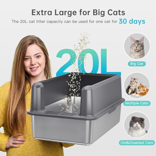 Stainless Steel Litter Box, Open Top High Sided Cat Litter Box for Big Cat | XL, 1 Scoop, Anti-Urine Leakage, Non-Stick Odor-Free, Easy Clean, High Sides Block Spray, Reduce Litter Tracking, Durable - color: 25-Mid Grey