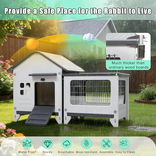 Rabbit Hutch Indoor & Outdoor with Extended Play Area, Plastic Rabbit Hutch with Sloped Roof Drainage, Panoramic Windows, Urine Barrier & Pull-Out Tray, Rabbit Cage with Run Easy to Clean and Assemble - size: 45"L*20"W*27"H