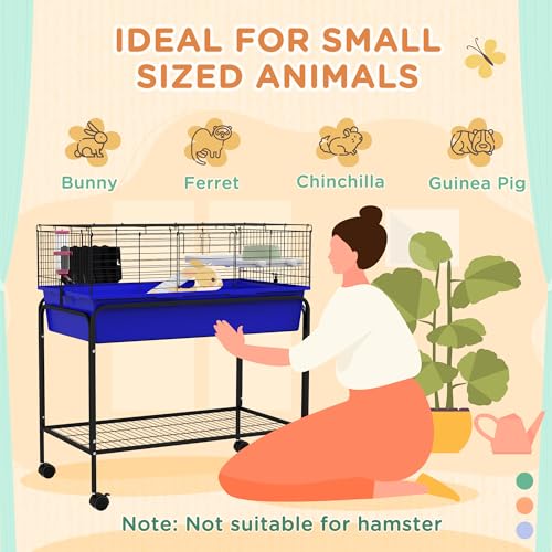 PawHut Two-Story Small Animal Cage Removable from Stand, Guinea Pig Cage with Shelf & Wheels, Pet Habitat for Hedgehog, Chinchilla, Ferret, 33" x 18.5" x 35", Blue | Removable from Stand, Guinea Pig Cage, Pet Habitat for Hedgehog, Chinchilla, Ferret - col