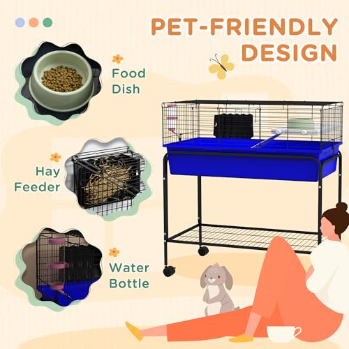 PawHut Two-Story Small Animal Cage Removable from Stand, Guinea Pig Cage with Shelf & Wheels, Pet Habitat for Hedgehog, Chinchilla, Ferret, 33" x 18.5" x 35", Blue | Removable from Stand, Guinea Pig Cage, Pet Habitat for Hedgehog, Chinchilla, Ferret - col