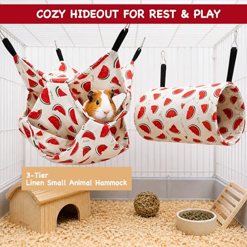 Small Animal Hammock and Tunnel Set, 3-Tier Hanging Hideout | Two-piece linen set for resting, hiding and climbing; removable hooks and padded tunnel, remove hooks before washing - color: Watermelon