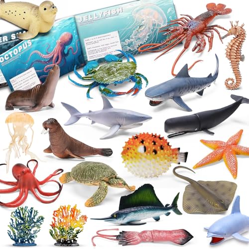 MOEAWS 20 Pcs Ocean Animal Toys withBooklet, Mini Sea Creature Figures | Plastic Sea Animal for Kids Age 3+, Birthday Gift, Ocean Theme Party Favor, Water Bath Toy for Toddler